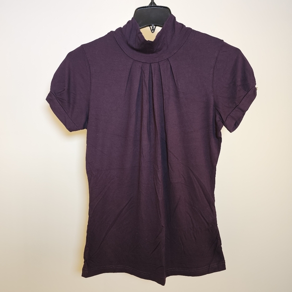 Purple stretch reverse knit rayon turtle neck short puff sleeve top size L US - Picture 2 of 6
